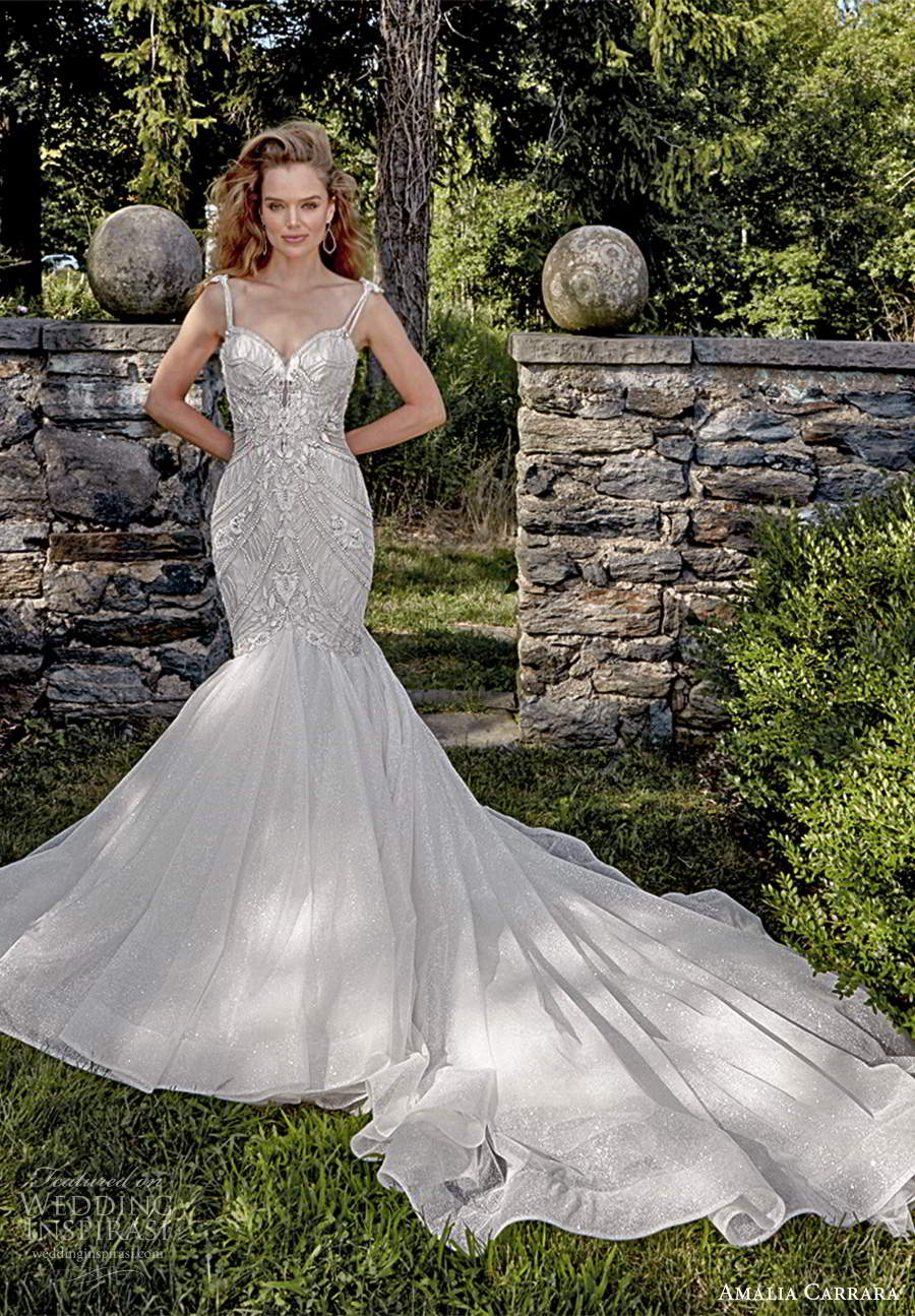 amalia carrara 2021 bridal sleeveless straps sweetheart neckline heavily embellished bodice fit flare mermaid wedding dress chapel train (4) mv
