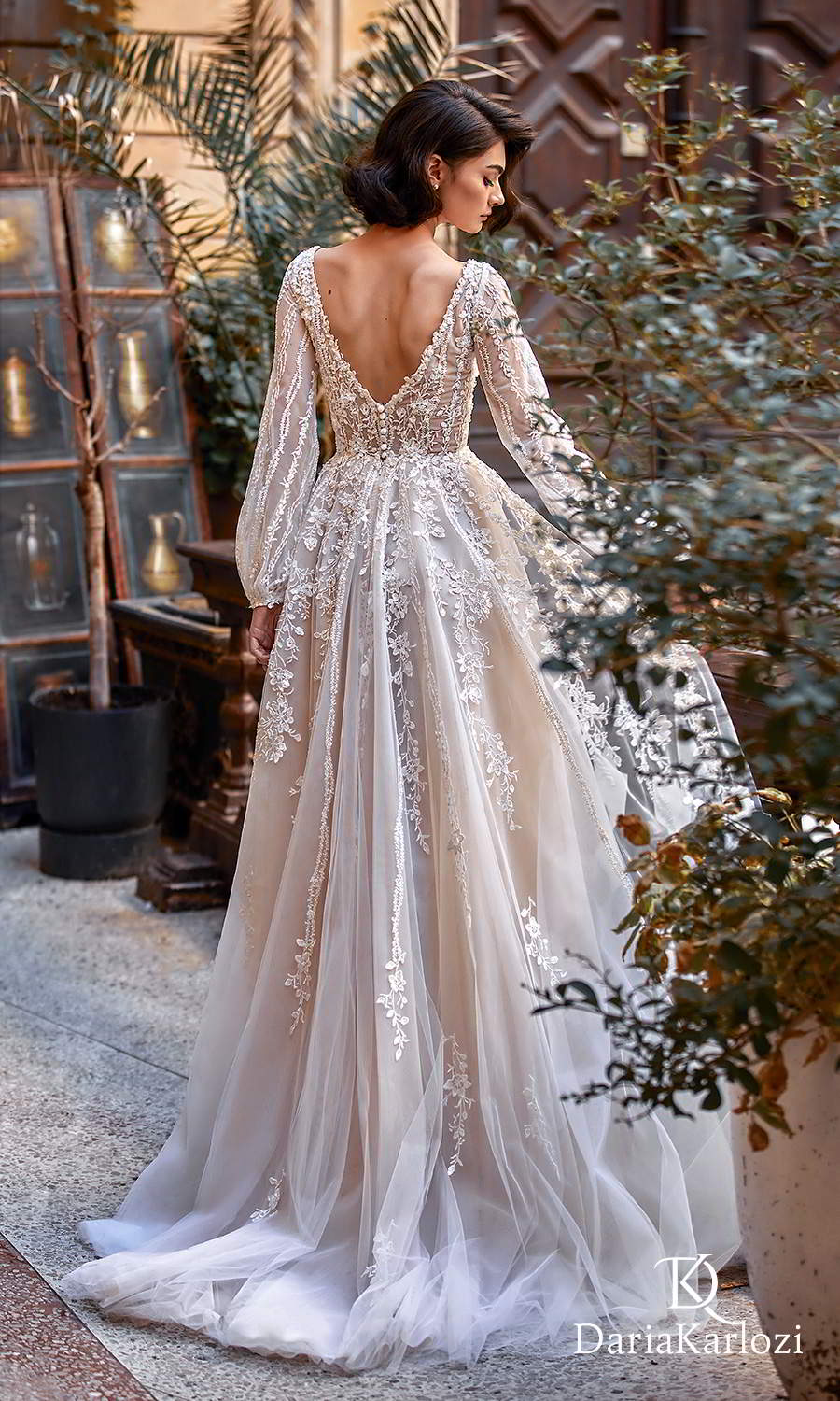 daria karlozi 2021 graceful dream bridal long bishop sleeves v neckline fully embellished boho a line ball gown wedding dress chapel train v back (light kiss) bv