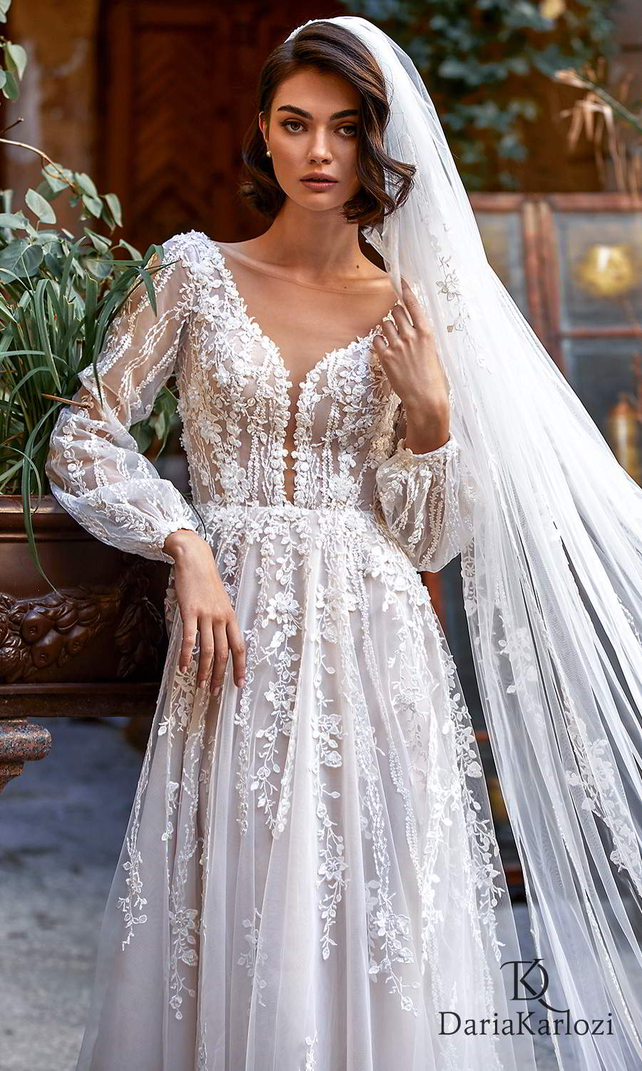 daria karlozi 2021 graceful dream bridal long bishop sleeves v neckline fully embellished boho a line ball gown wedding dress chapel train veil (light kiss) zv
