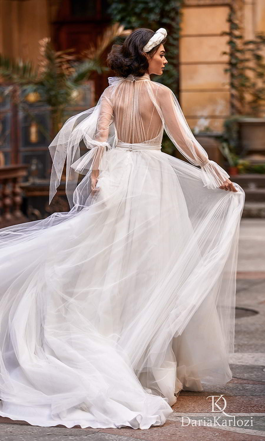 daria karlozi 2021 graceful dream bridal sheer long sleeves high neckline sleeveless bodysuit a line wedding dress chapel train (flight of dreams) bv