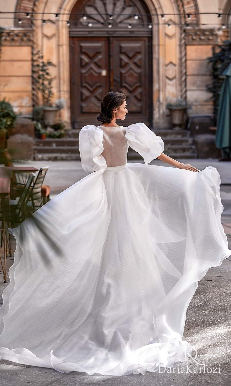 daria karlozi 2021 graceful dream bridal sleeveless illusion straps plunging sweetheart neckline fully embellished a line wedding dress puff sleeves coat (towards the love) bv