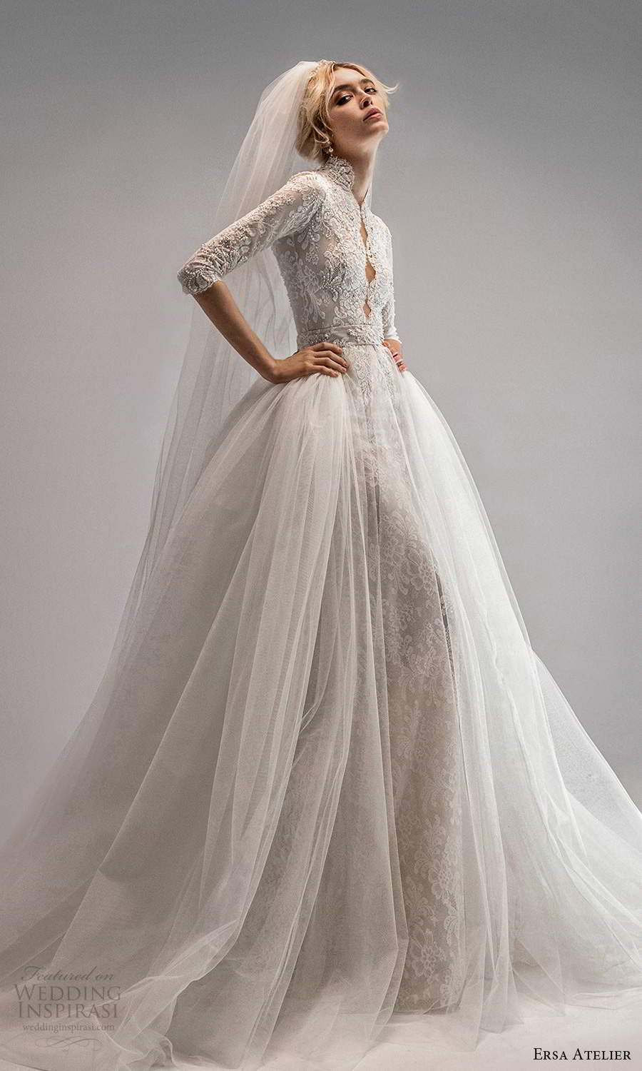 ersa atelier spring 2021 bridal 3 quarter high neckline fully embellished lace sheath wedding dress ball gown overskirt chapel train (10) mv ersa atelier spring 2021 bridal 3 quarter high neckline fully embellished lace sheath wedding dress ball gown overskirt chapel train (10) mv