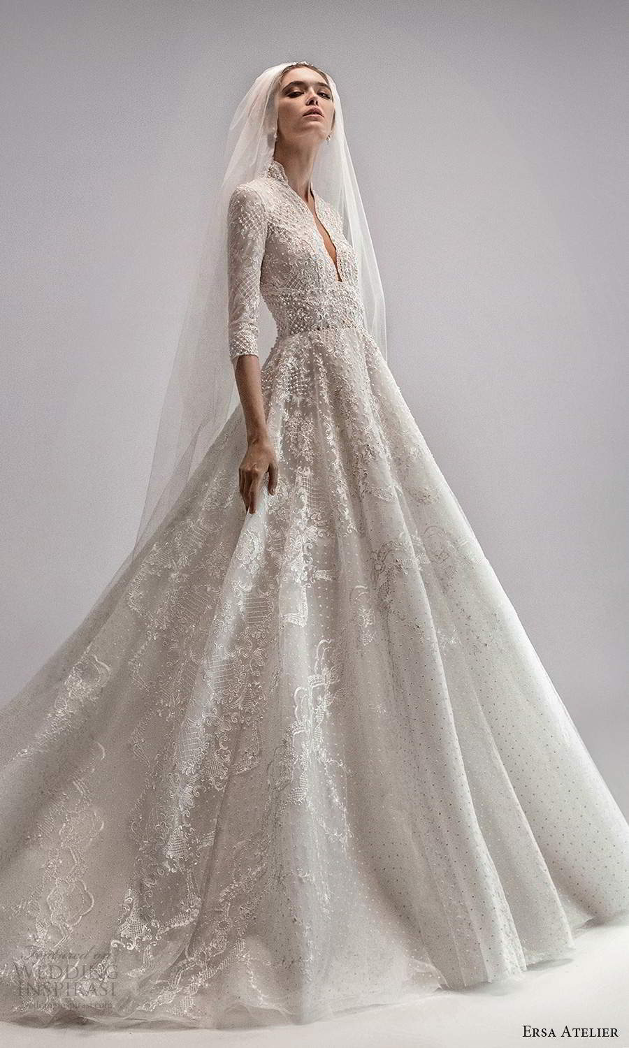 ersa atelier spring 2021 bridal 3 quarter sleeve high plunging v neckline fully embellished a line ball gown wedding dress chapel train (7) mv