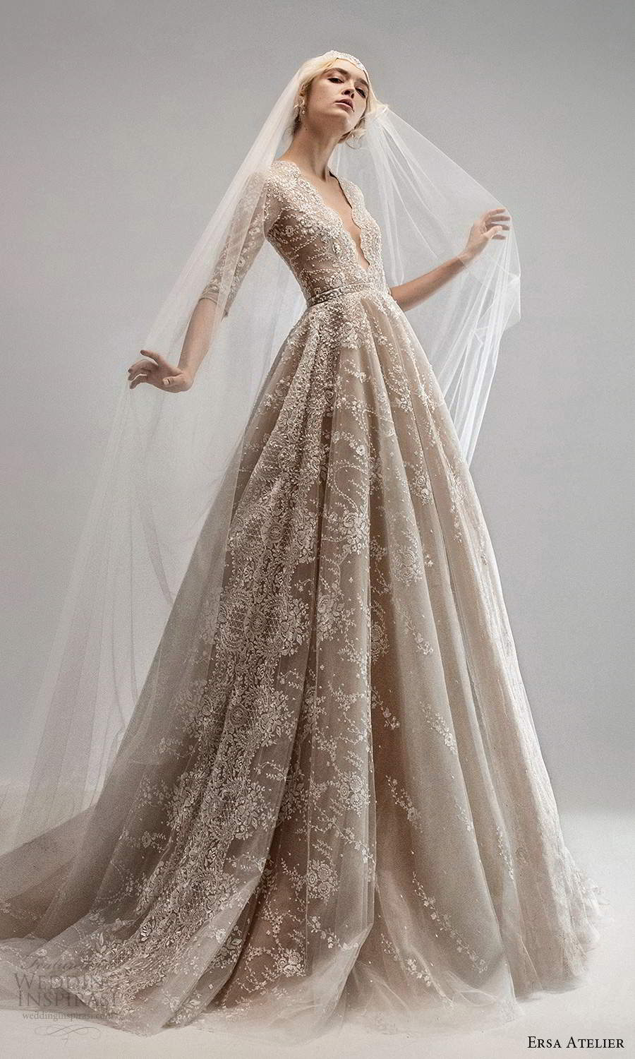 ersa atelier spring 2021 bridal 3 quarter sleeves plunging scallop vneckline fully embellished lace a line ball gown wedding dress chapel train (13) mv ersa atelier spring 2021 bridal 3 quarter sleeves plunging scallop vneckline fully embellished lace a line ball gown wedding dress chapel train (13) mv