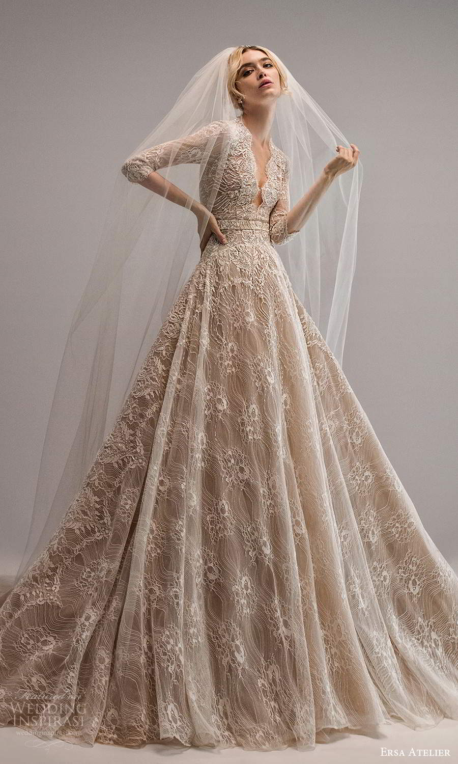 ersa atelier spring 2021 bridal 3 quarter sleeves plunging v neckline fully embellished lace a line ball gown wedding dress chapel train (14) mv