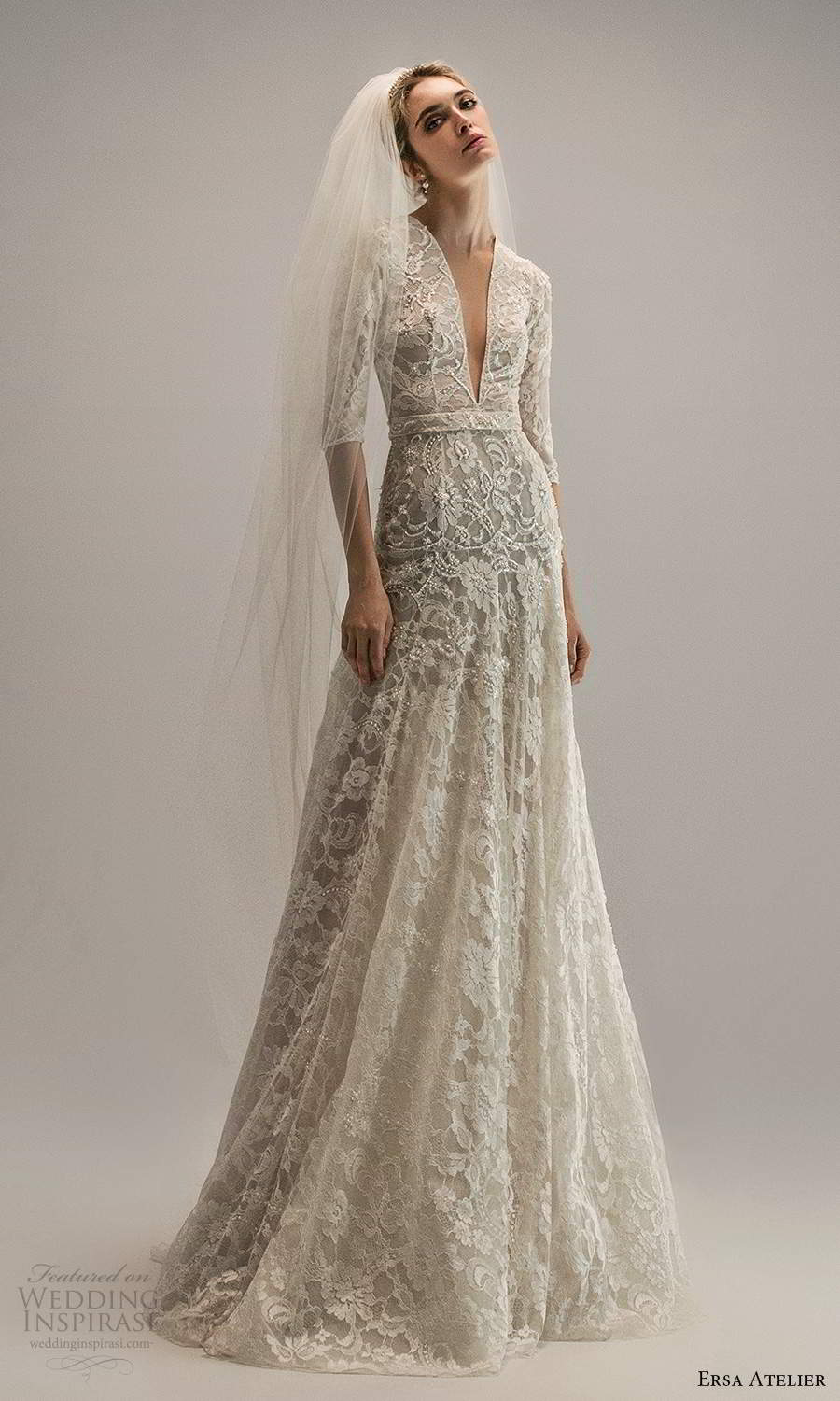 ersa atelier spring 2021 bridal 3 quarter sleeves plunging v neckline fully embellished lace a line wedding dress chapel train (22) mv