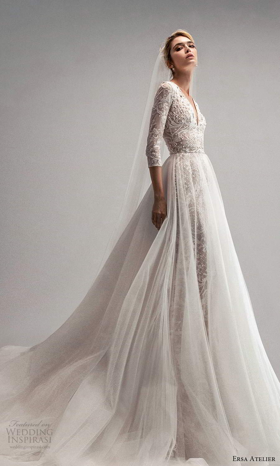 ersa atelier spring 2021 bridal 3 quarter sleeves plunging v neckline fully embellished trumpet a line wedding dress a line overskirt chapel train (21) mv