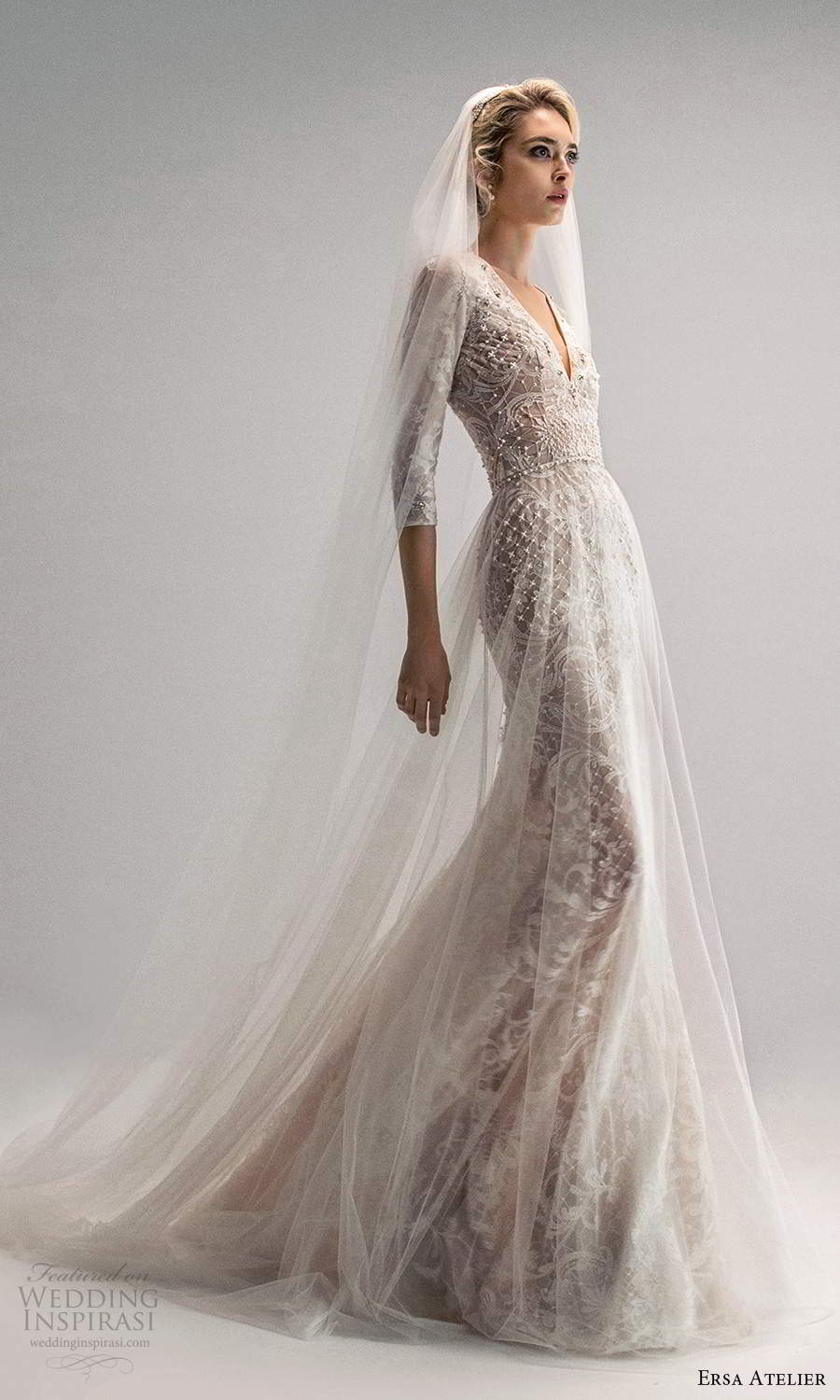 ersa atelier spring 2021 bridal 3 quarter sleeves plunging v neckline fully embellished trumpet a line wedding dress a line overskirt chapel train (21) sv