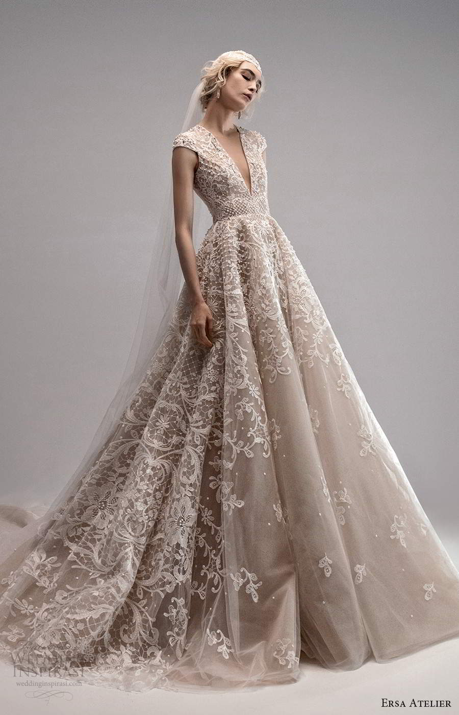 ersa atelier spring 2021 bridal cap sleeves plunging v neckline fully embellished lace a line ball gown wedding dress chapel train blush cutout back (5) mv