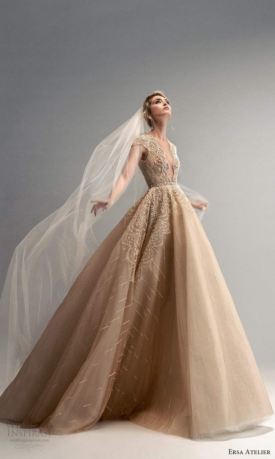 ersa atelier spring 2021 bridal cap sleeves plunging v neckline heavily embellished bodice a line ball gown wedding dress chapel train gold (19) mv