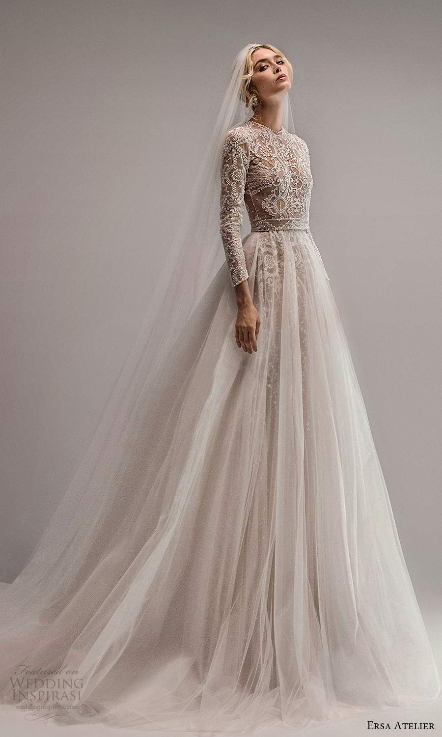 ersa atelier spring 2021 bridal long sleeve jewel neckline fully embellished sheath wedding dress ball gown overskirt chapel train (8) mv