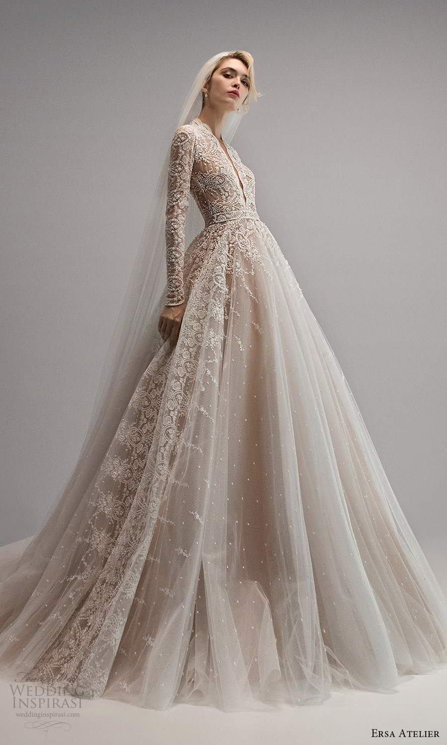 ersa atelier spring 2021 bridal long sleeve plunging v neckline fully embellished lace a line ball gown wedding dress chapel train (5) mv