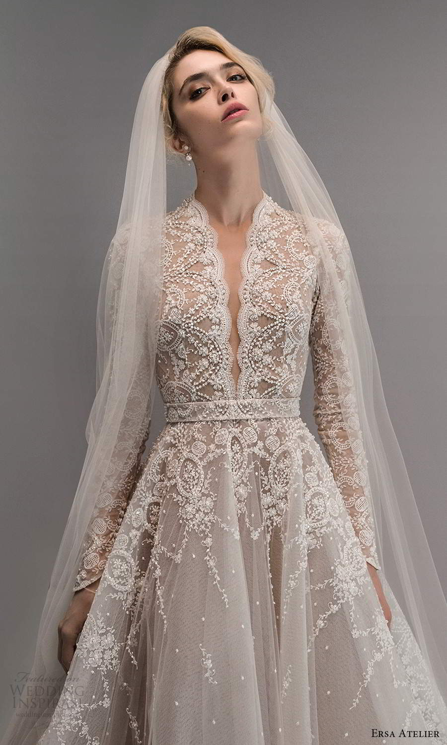 ersa atelier spring 2021 bridal long sleeve plunging v neckline fully embellished lace a line ball gown wedding dress chapel train (5) zv