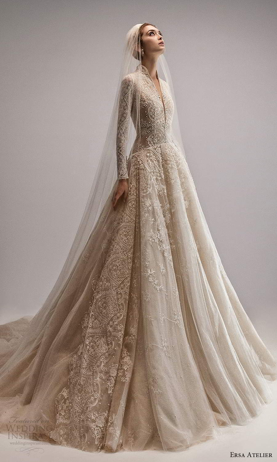 ersa atelier spring 2021 bridal long sleeves high v neckline fully embellished drop waist a line ball gown wedding dress chapel train (11) mv