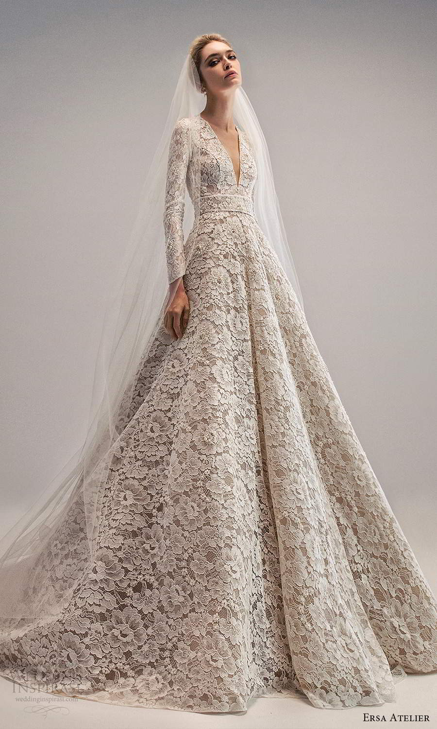 ersa atelier spring 2021 bridal long sleeves plunging neckline fully embellished lace a line ball gown wedding dress chapel train (17) mv