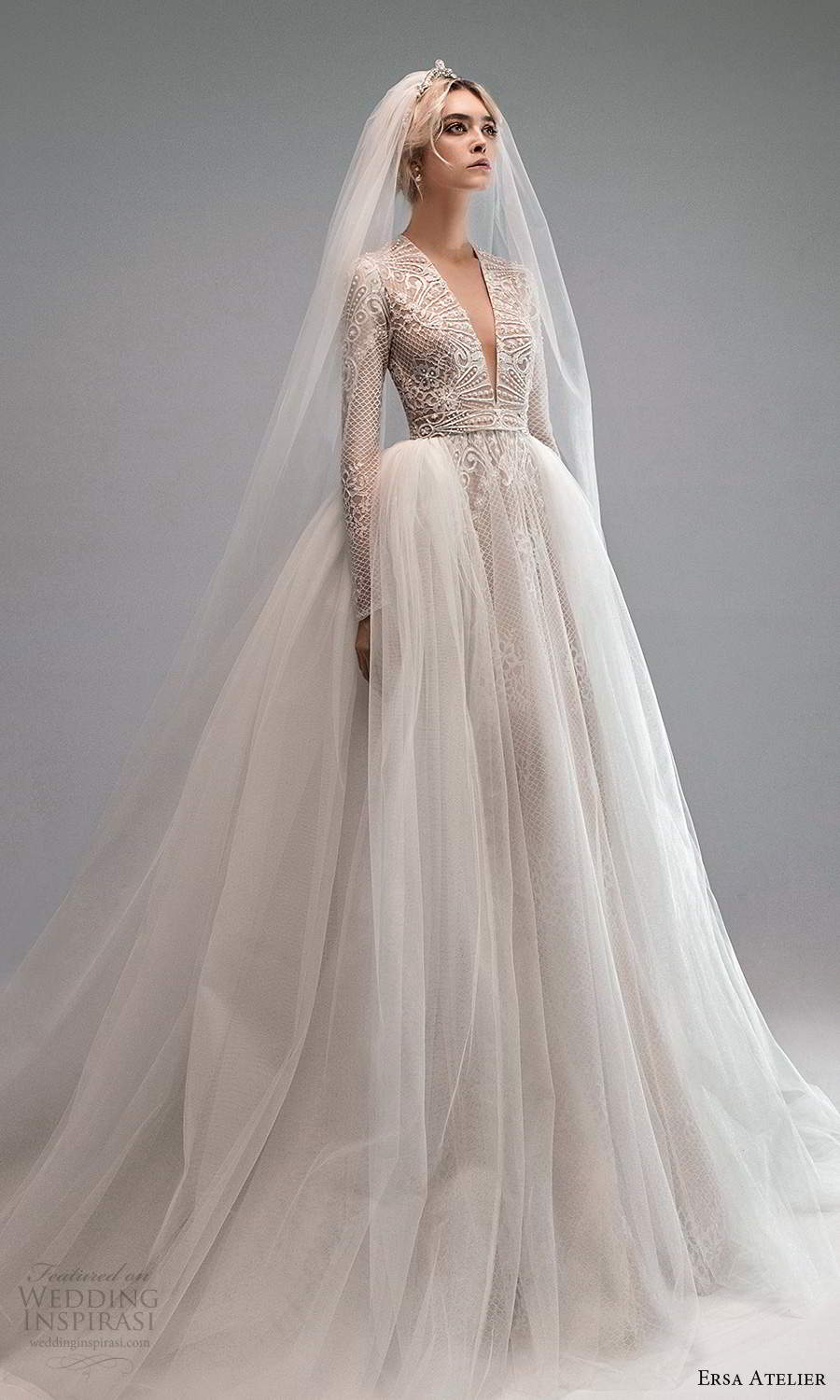 ersa atelier spring 2021 bridal long sleeves plunging v neckline embellished a line wedding dress ball gown overskirt chapel train (4) mv