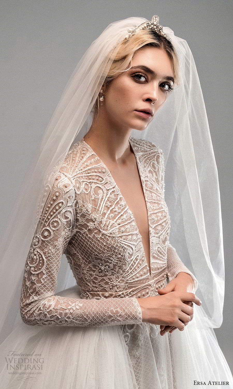 ersa atelier spring 2021 bridal long sleeves plunging v neckline embellished a line wedding dress ball gown overskirt chapel train cutout back (4) zv