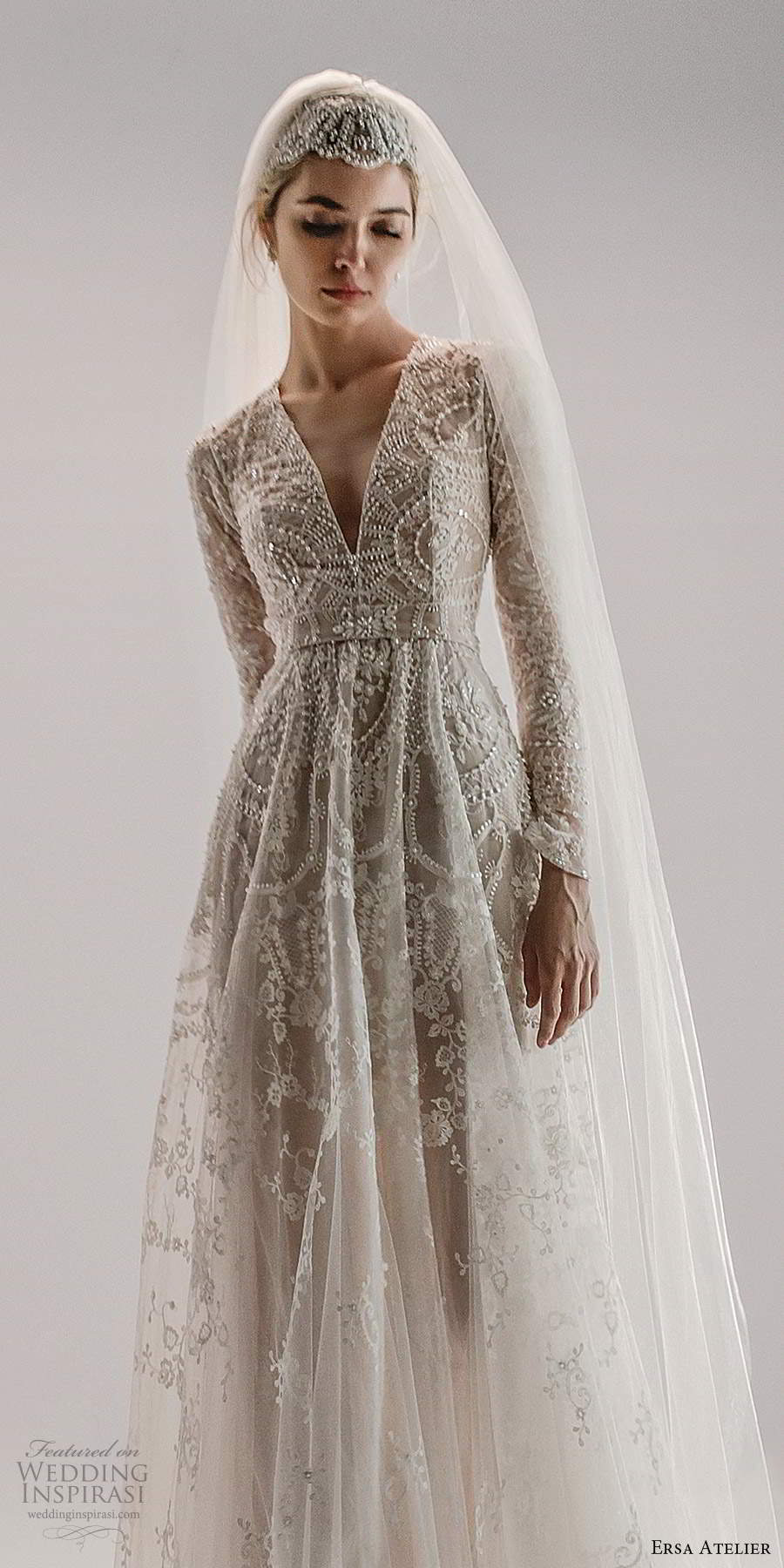 ersa atelier spring 2021 bridal long sleeves plunging v neckline fully embellished a line wedding dress chapel train (9) mv