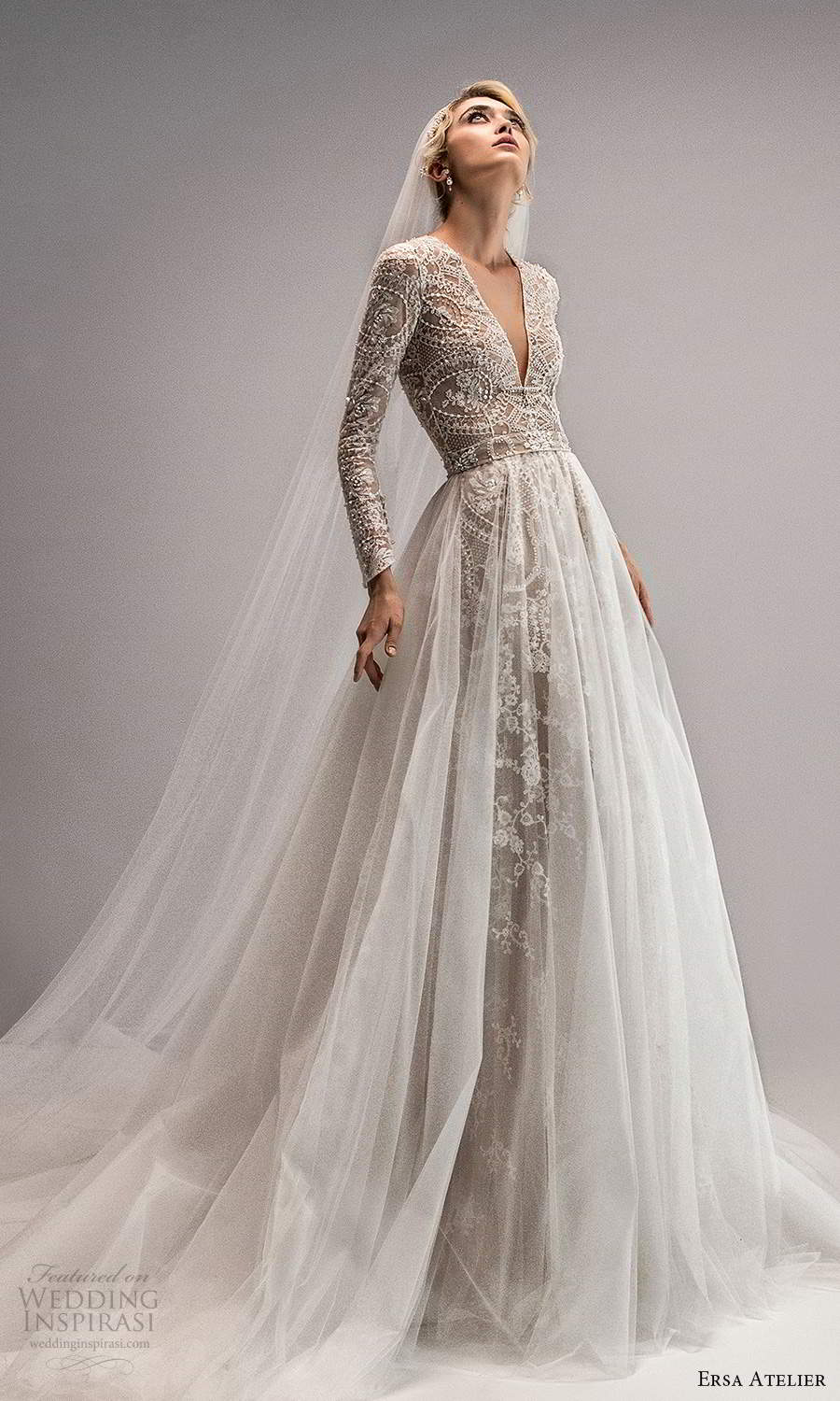 ersa atelier spring 2021 bridal long sleeves plunging v neckline fully embellished a line wedding dress chapel train ball gown overskirt (9) mv