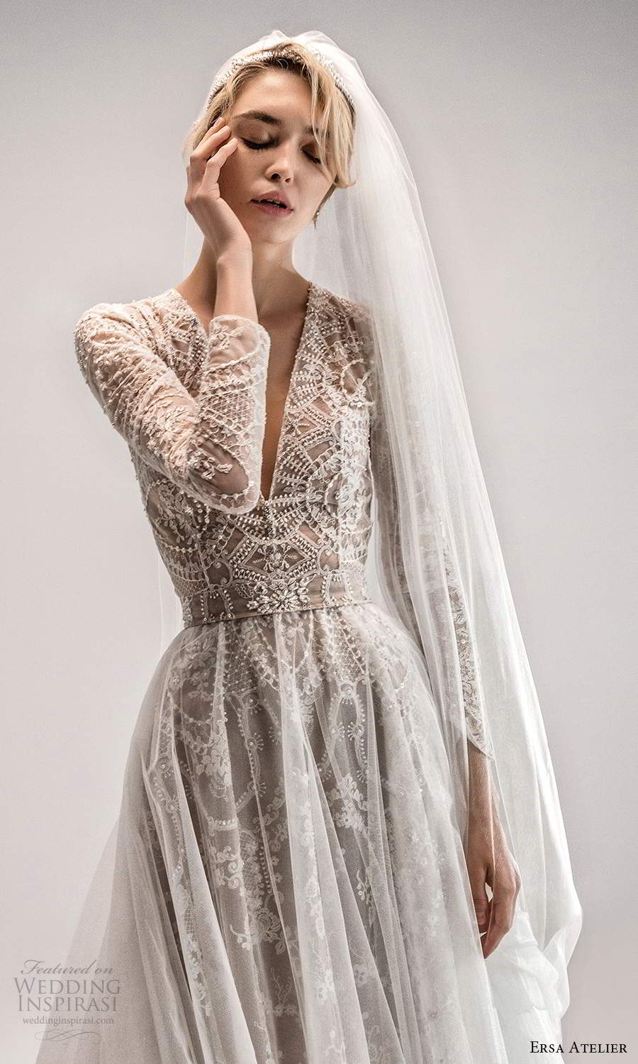 ersa atelier spring 2021 bridal long sleeves plunging v neckline fully embellished a line wedding dress chapel train ball gown overskirt (9) zv