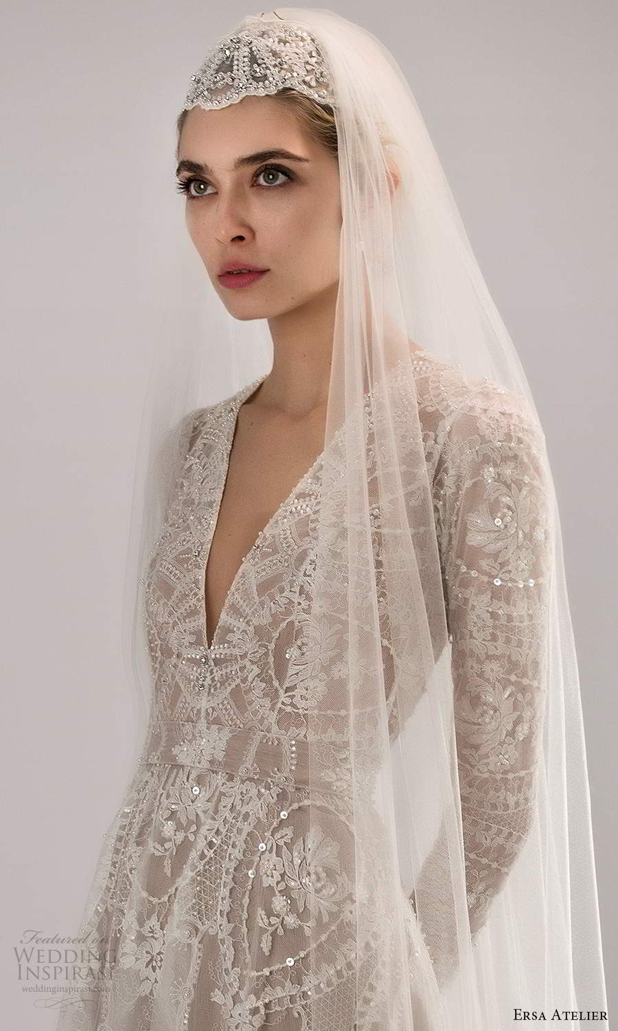 ersa atelier spring 2021 bridal long sleeves plunging v neckline fully embellished a line wedding dress chapel train veil (9) zv