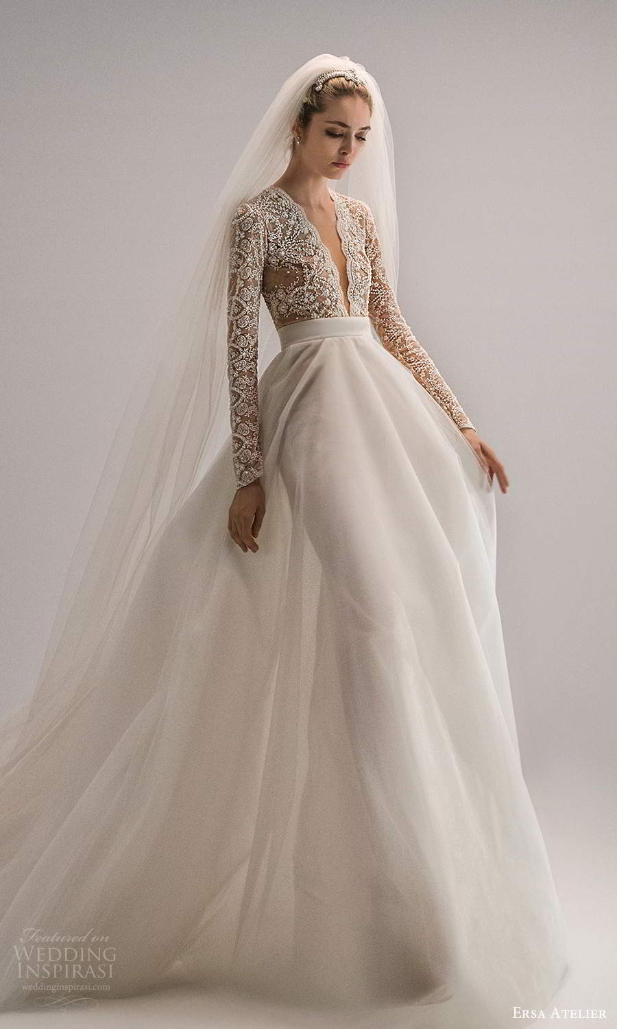 ersa atelier spring 2021 bridal long sleeves plunging v neckline heavily embellished bodice a line wedding dress chapel train (15) mv