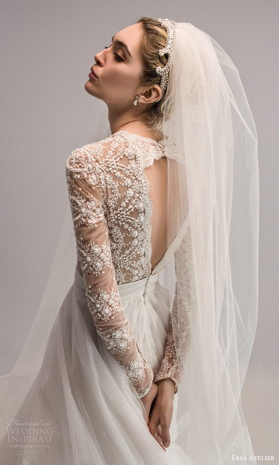 ersa atelier spring 2021 bridal long sleeves plunging v neckline heavily embellished bodice a line wedding dress chapel train cutout back (15) zbv