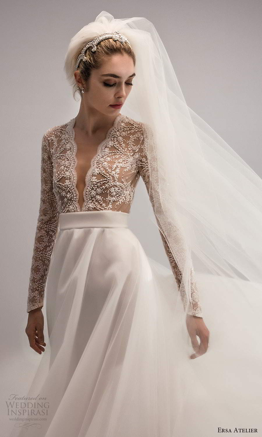 ersa atelier spring 2021 bridal long sleeves plunging v neckline heavily embellished bodice a line wedding dress chapel train cutout back (15) zv