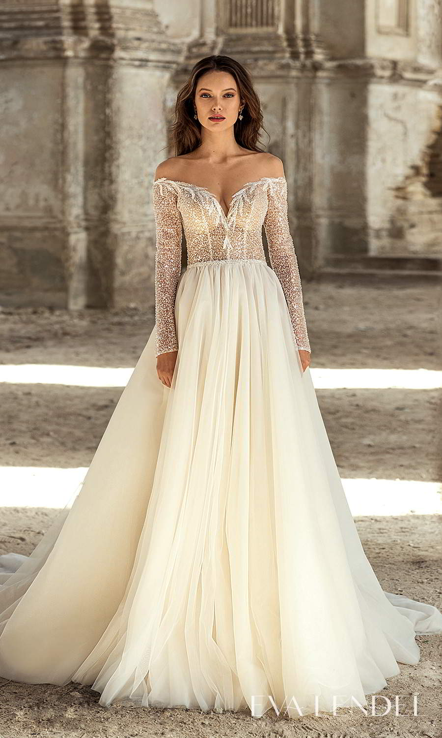 eva lendel 2021 golden hour bridal long sleeves off shoulder sweetheart neckline embellished bodice clean skirt a line ball gown wedding dress chapel train (victoria) mv