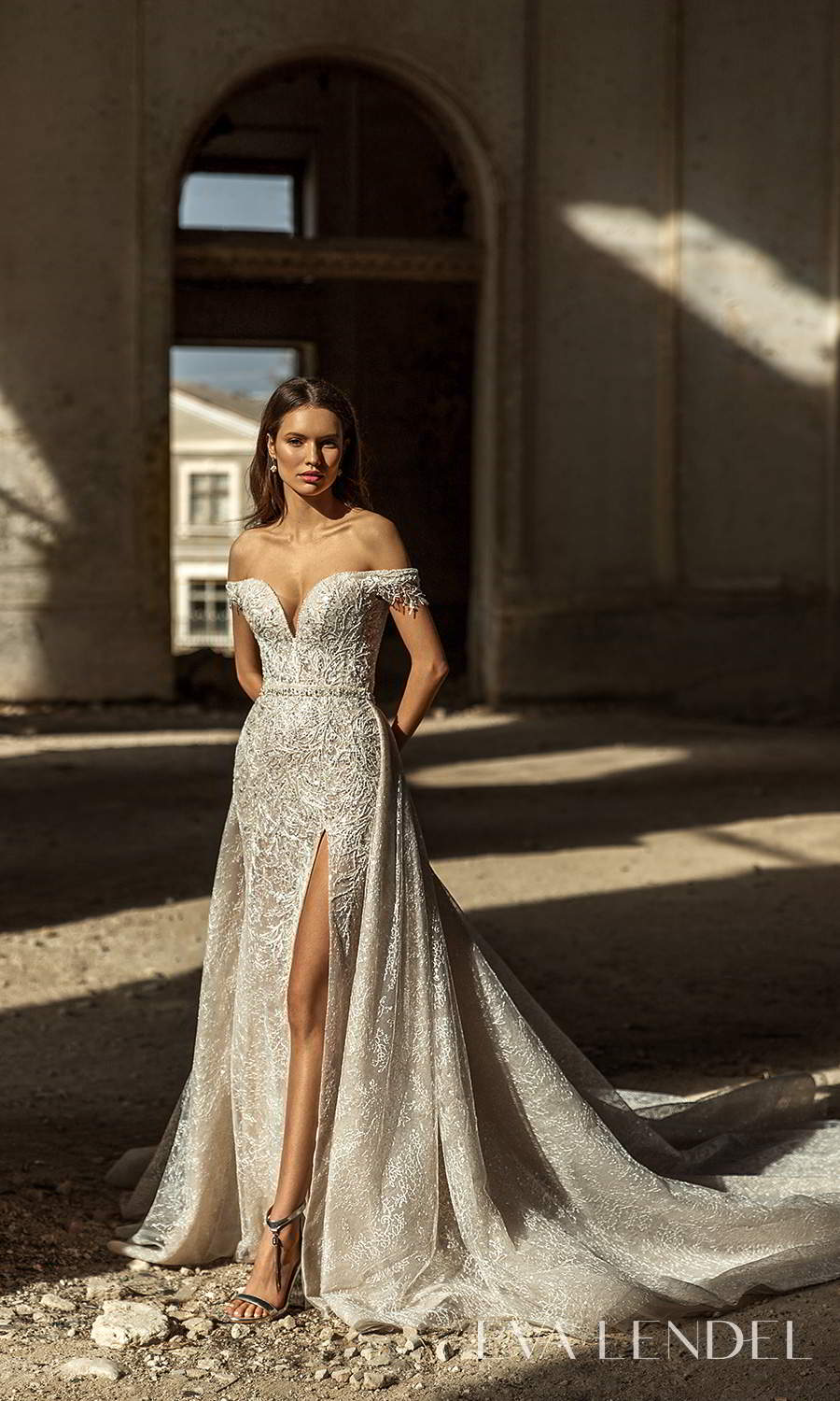 eva lendel 2021 golden hour bridal off shoulder straps sweetheart neckline fully embellished sheath wedding dress a line overskit chapel train (sydney) fv