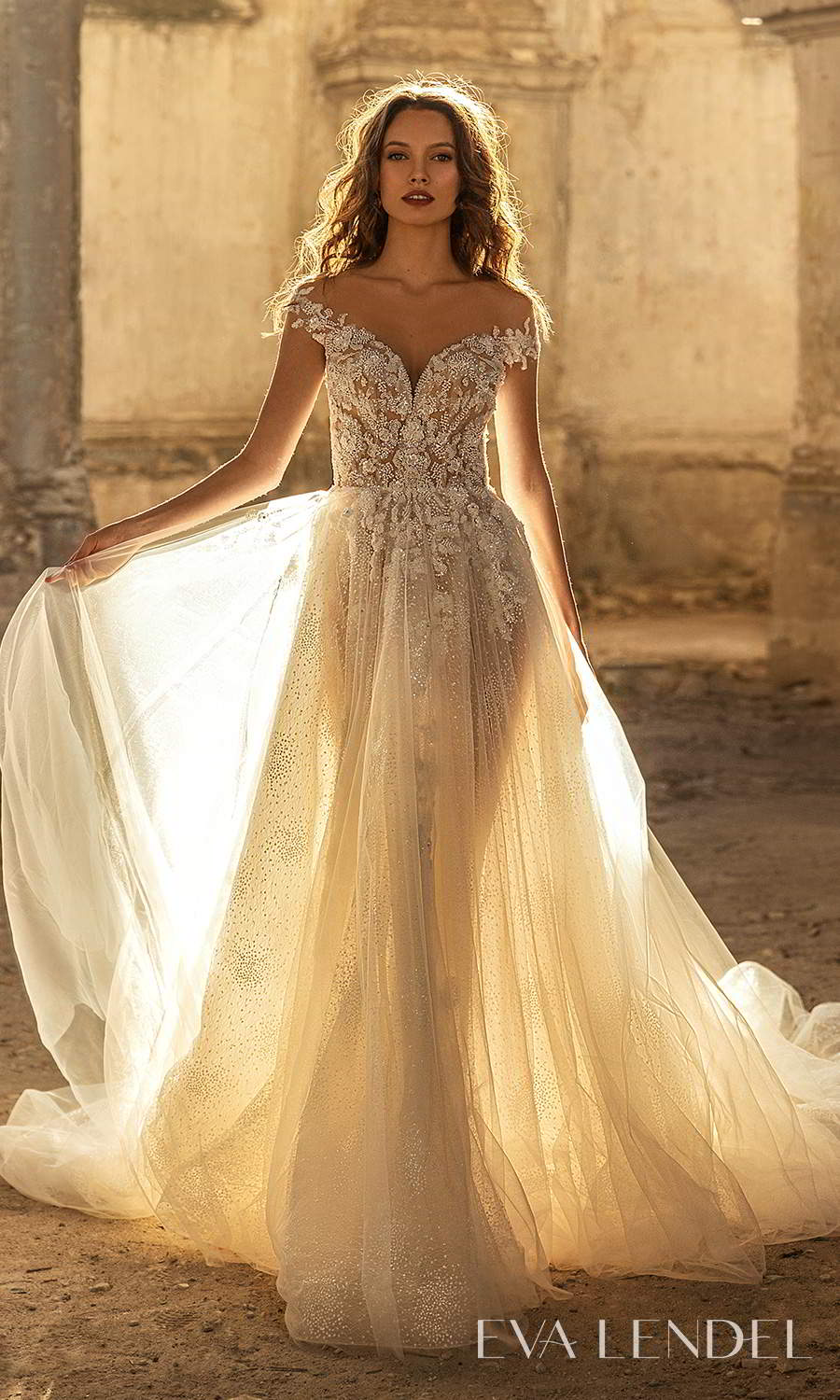 eva lendel 2021 golden hour bridal off shoulder straps sweetheart neckline heavily embellished a line ball gown wedding dress chapel train (veronika) mv