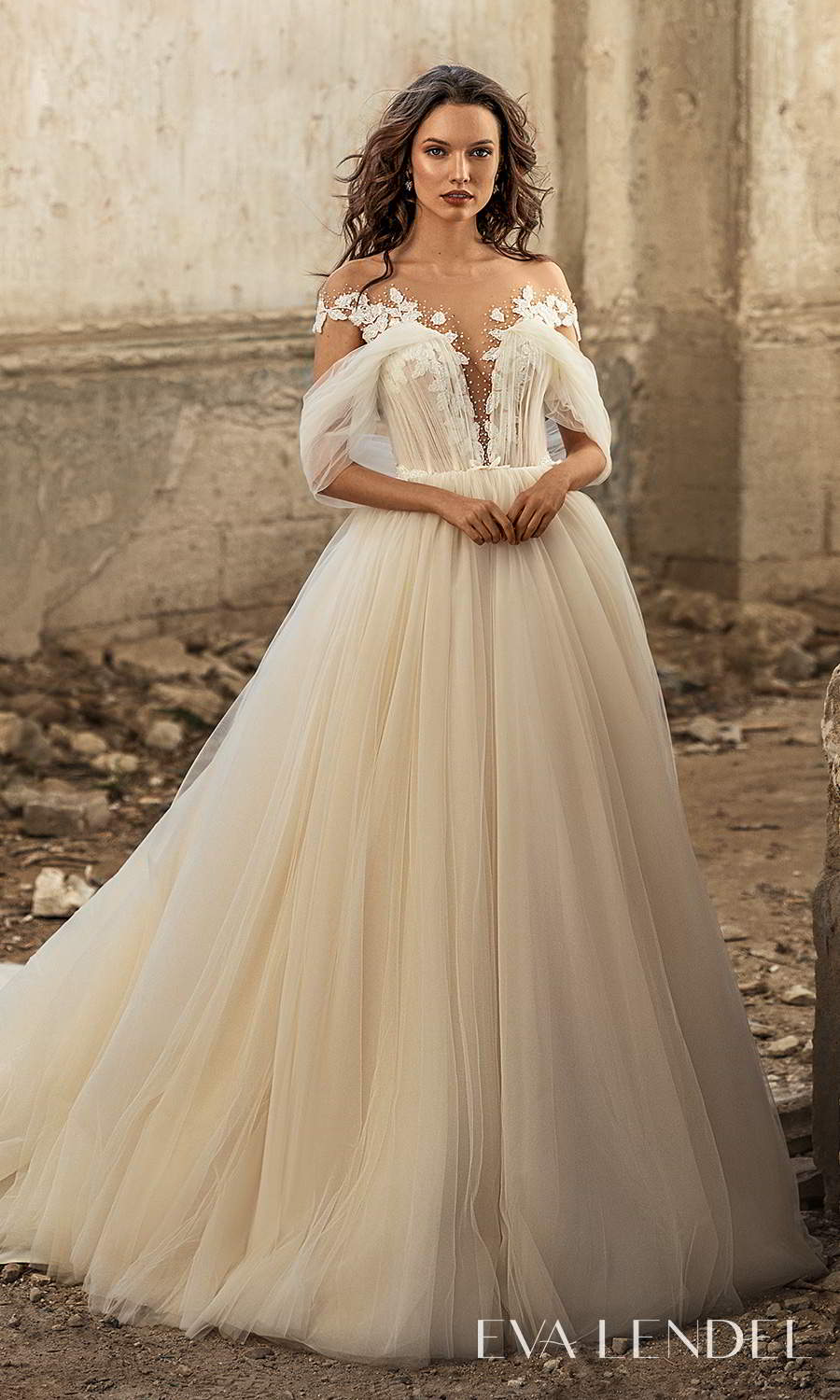 eva lendel 2021 golden hour bridal off shoulder swag straps plunging sweetheart neckline embellished ruched bodice a line ball gown wedding dress chapel train (emily) mv