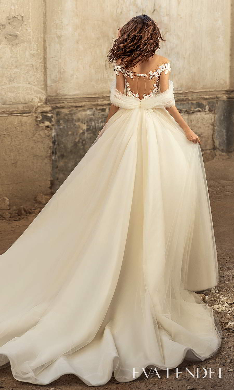 eva lendel 2021 golden hour bridal off shoulder swag straps plunging sweetheart neckline embellished ruched bodice a line ball gown wedding dress chapel train sheer back (emily) bv