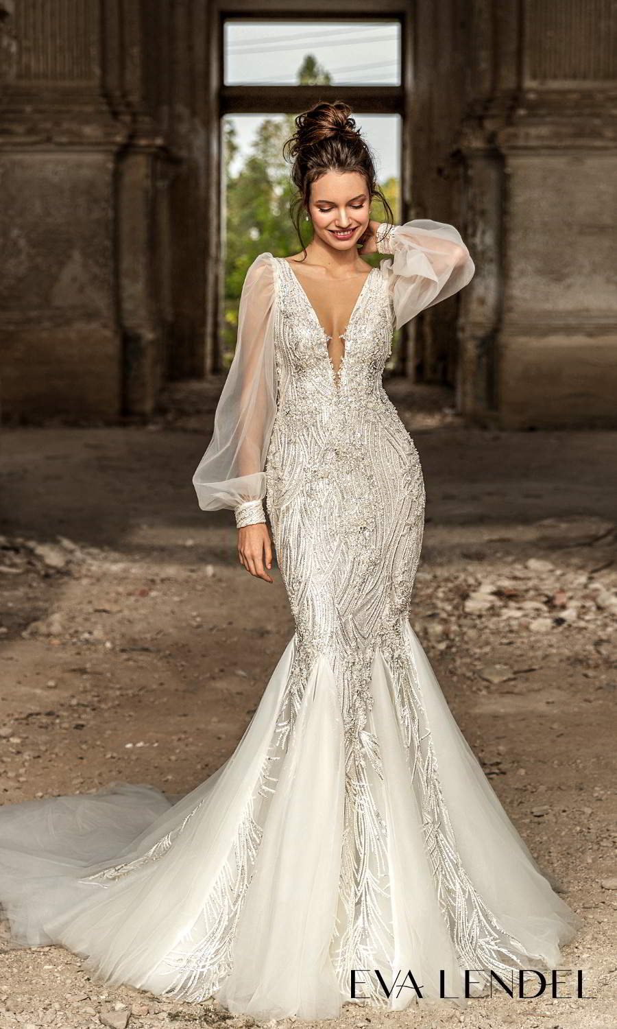 eva lendel 2021 golden hour bridal sheer long bishop puff sleeve plunging v neckline fully embellished fit flare mermaid wedding dress chapel train (lennox) mv