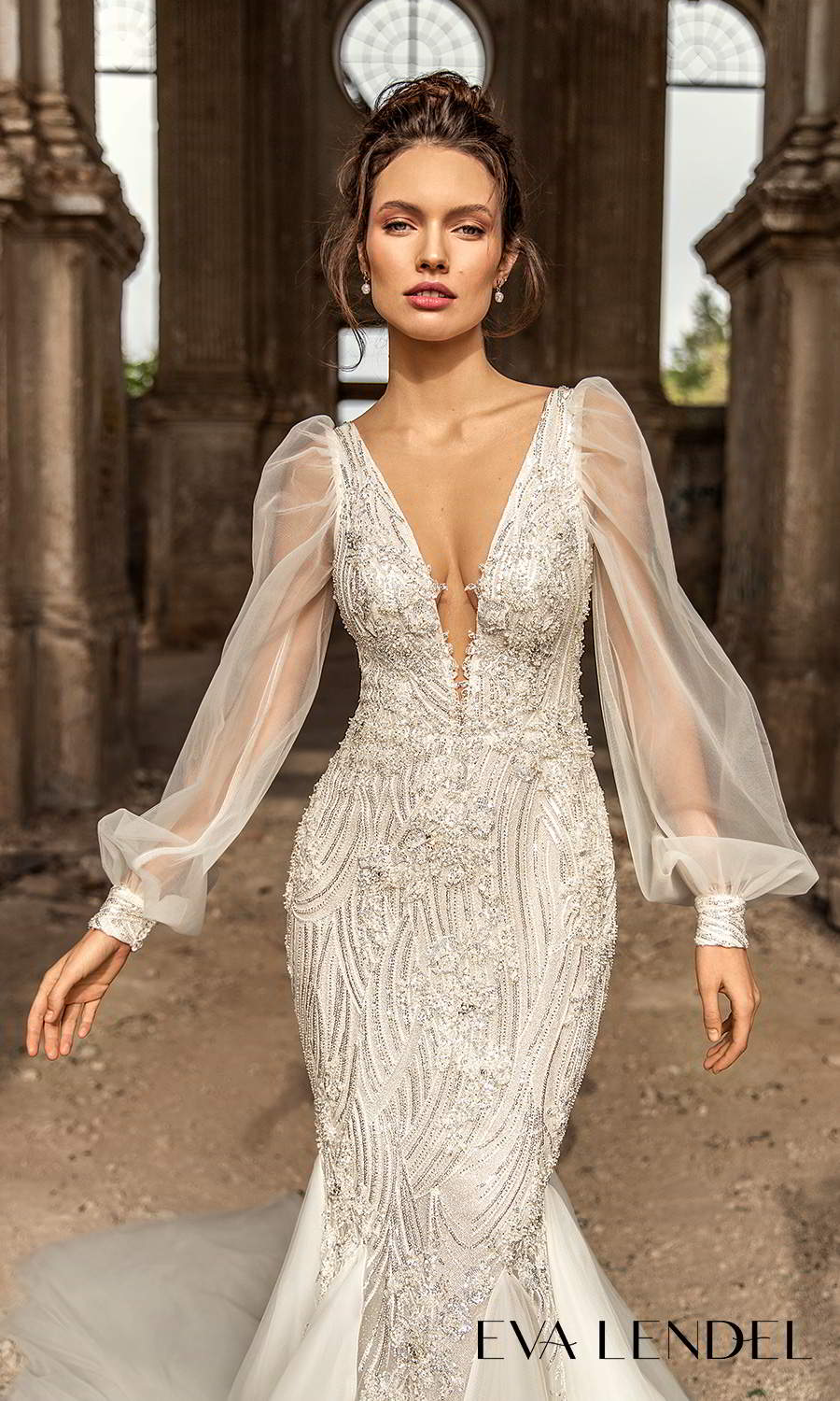 eva lendel 2021 golden hour bridal sheer long bishop puff sleeve plunging v neckline fully embellished fit flare mermaid wedding dress chapel train (lennox) zv