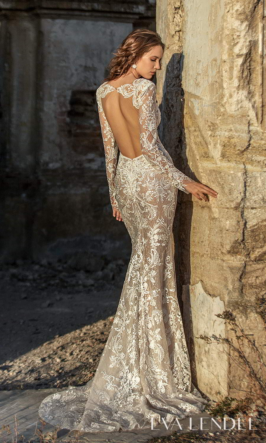 eva lendel 2021 golden hour bridal sheer long sleeve plunging v neckline fully embellished sheath wedding dress chapel train cutout back (georgina) mv