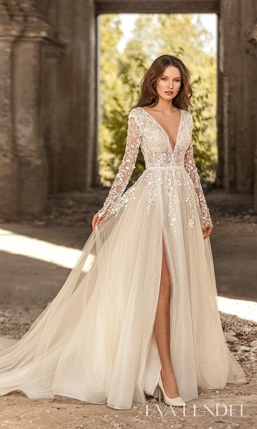 eva lendel 2021 golden hour bridal sheer long sleeve v neckline heavily embellished bodice a line ball gown wedding dress chapel train slit skirt (florence) mv