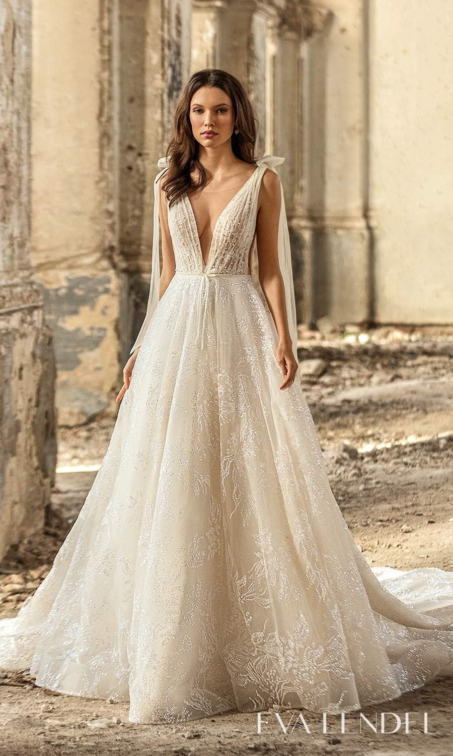 eva lendel 2021 golden hour bridal sleeveless straps plunging v neckline fully embellished ruched bodice a line ball gown wedding dress chapel train (simona) mv