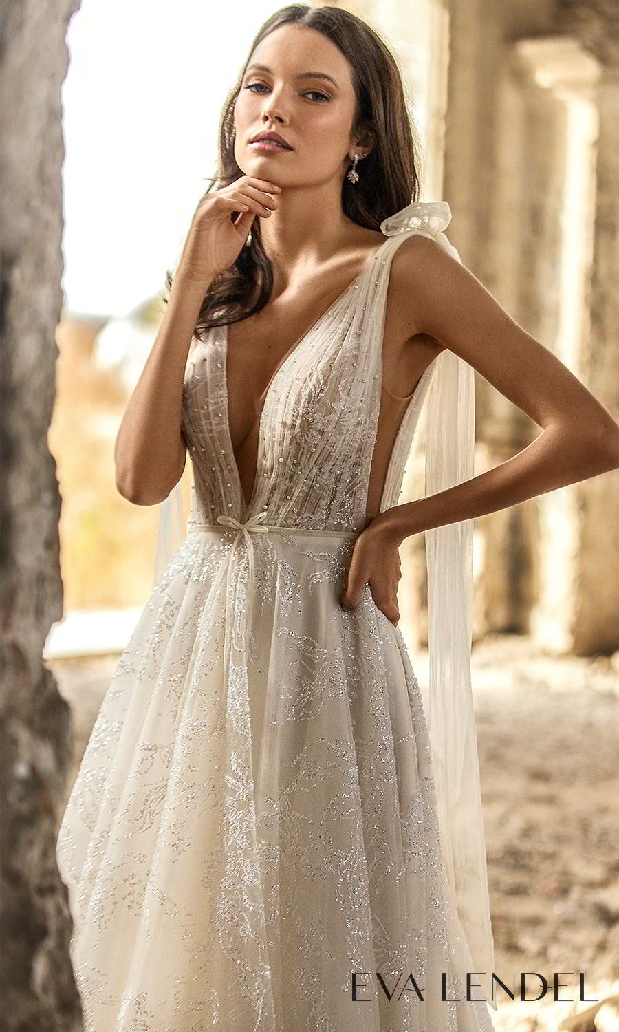 eva lendel 2021 golden hour bridal sleeveless straps plunging v neckline fully embellished ruched bodice a line ball gown wedding dress chapel train (simona) zv