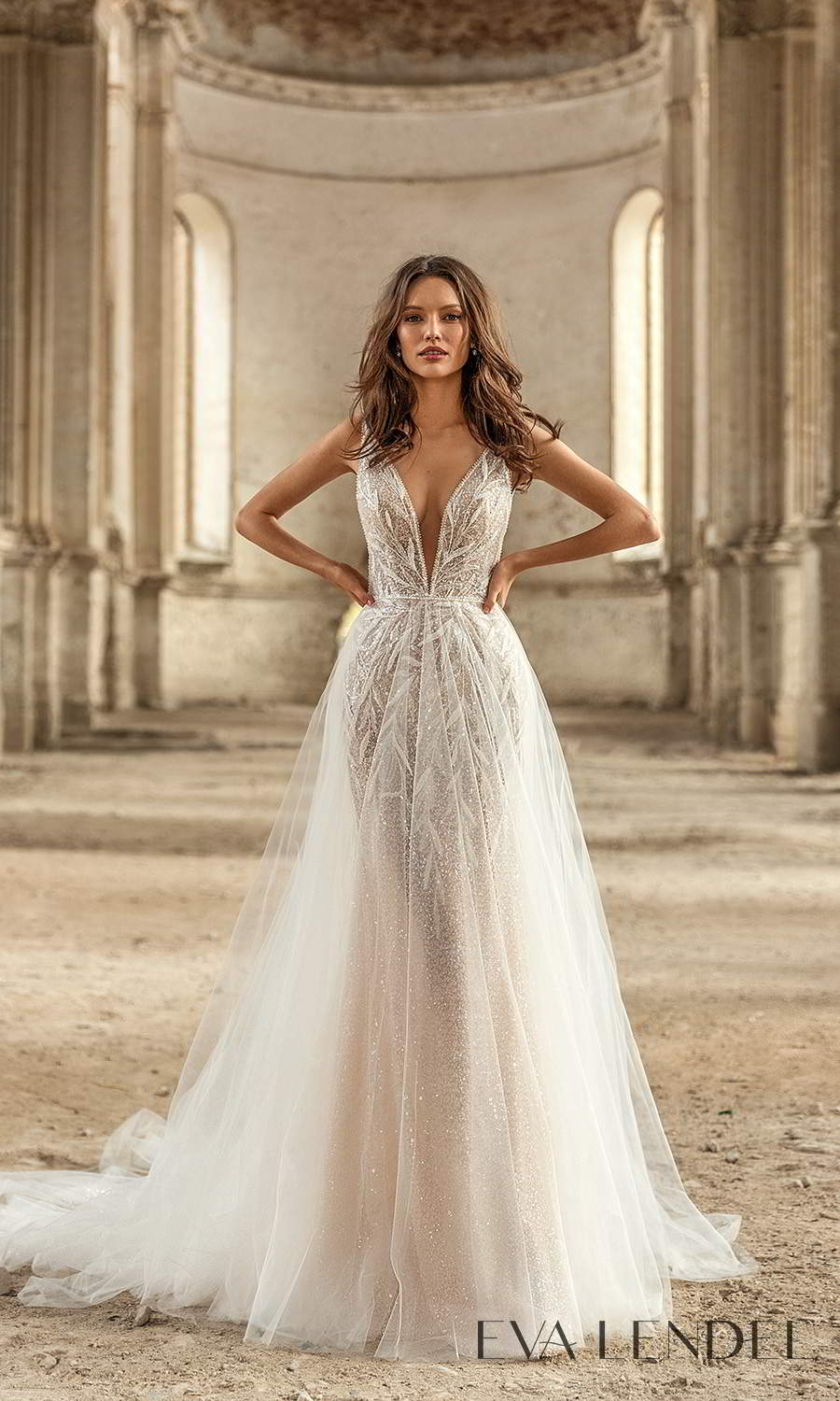 eva lendel 2021 golden hour bridal sleeveless straps plunging v neckline fully embellished sheath wedding dress a line overskirt chapel train (rebeka) mv