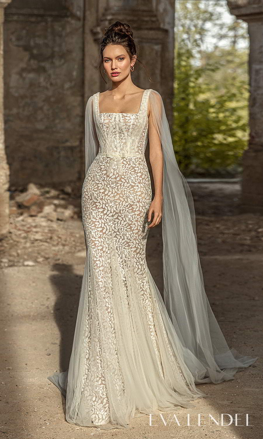 eva lendel 2021 golden hour bridal sleeveless straps square neckline shoulder cape fully embellished sheath wedding dress chapel train (liana) mv