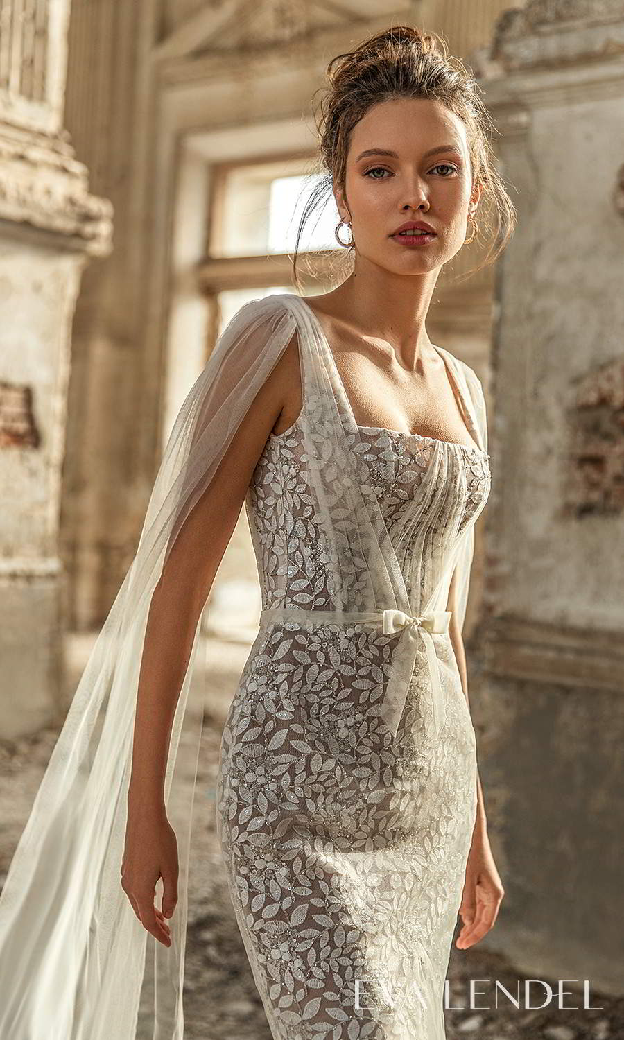 eva lendel 2021 golden hour bridal sleeveless straps square neckline shoulder cape fully embellished sheath wedding dress chapel train (liana) zv