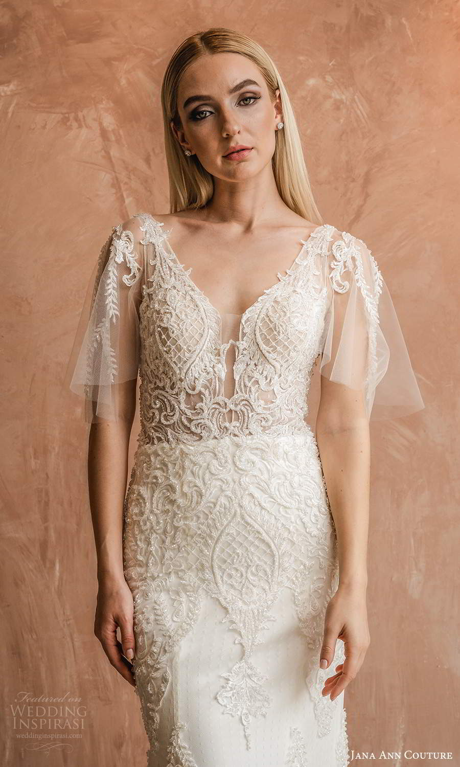 jana ann couture 2021 bridal flutter sleeves v neckline fully embellished sheath wedding dress chapel train (15) mv