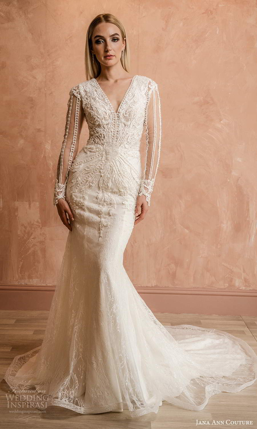 jana ann couture 2021 bridal long sleeves v neckline fully embellished sheath wedding dress chapel train (9) mv