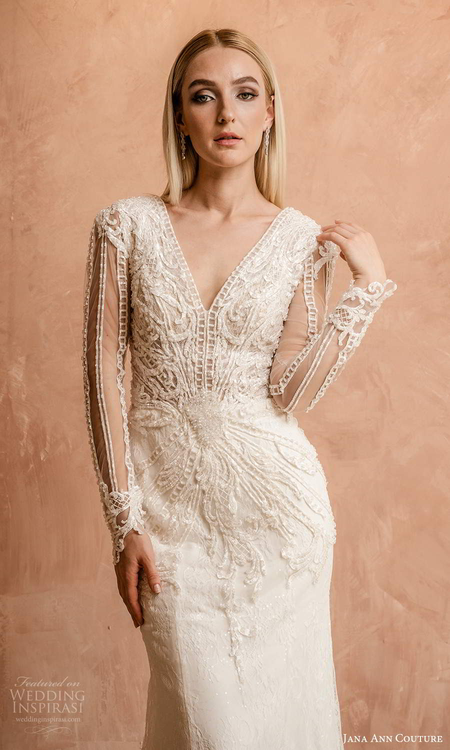 jana ann couture 2021 bridal long sleeves v neckline fully embellished sheath wedding dress chapel train (9) zv