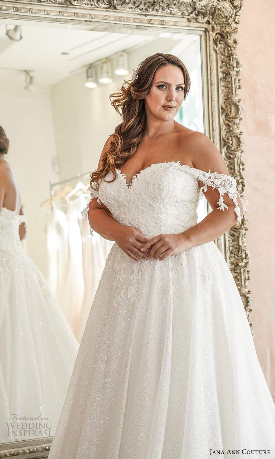 jana ann couture 2021 bridal off shoulder sleeves swag straps sweetheart neckline fully embellished a line ball gown wedding dress (18) fv