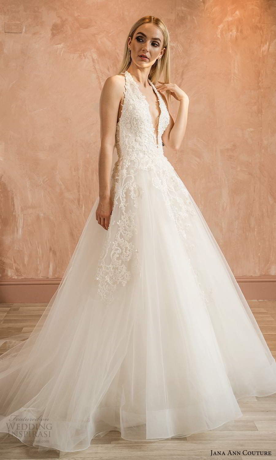 jana ann couture 2021 bridal sleeveless halterneckline plunging v neckline embellished bodice a line ball gown wedding dress chapel train (19) mv