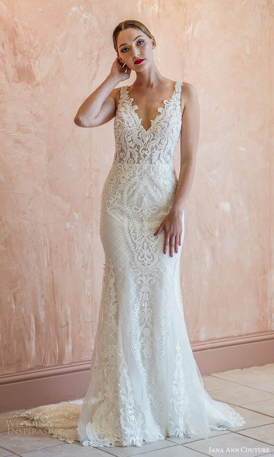 jana ann couture 2021 bridal sleeveless straps v neckline fully embellished sheath wedding dress chapel train (13) mv