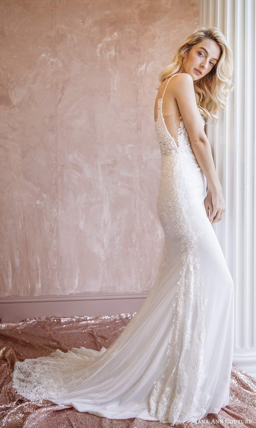 jana ann couture 2021 bridal sleeveless straps v neckline fully embellished sheath wedding dress chapel train (24) sv