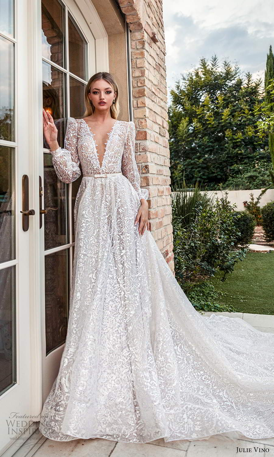 julie vino 2021 romanzo bridal long puff sleeves plunging v neckline fully embellished a line ball gown wedidng dress chapel train (1) mv